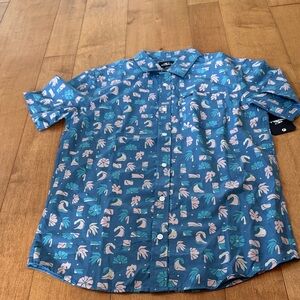 O'Neill Blue Short-Sleeve Button-Down Shirt with Pink and Teal Motif